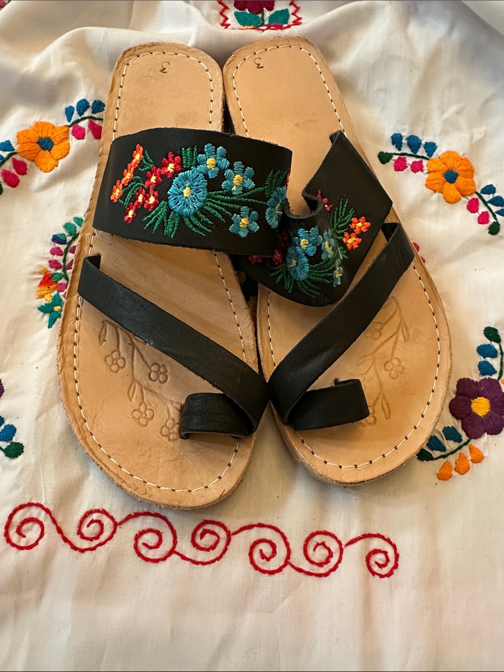 SIZE 6US Embroidered Black Leather Sandals with Colorful Floral Detail